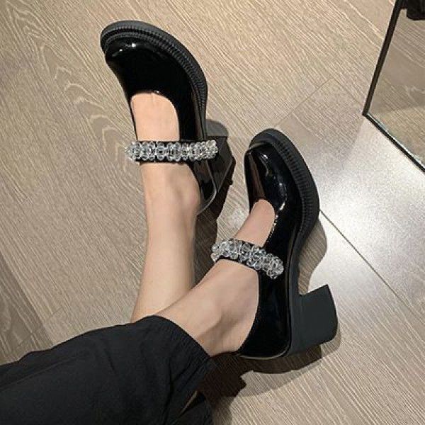 Spring New White Big Head Shoes Women's Japanese Small Leather Shoes Round Head Thick Heels Single Shoes Retro Water Diamond Mary Jane Shoes 