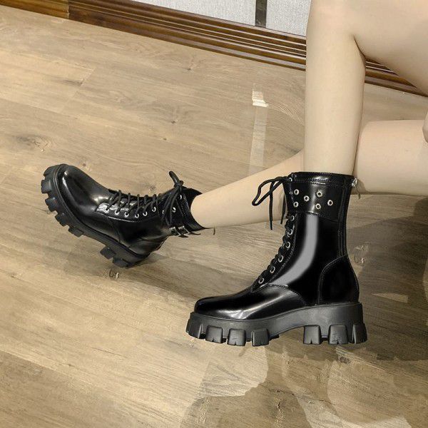 New Martin Boots Women's Thick Sole New Mid Barrel Knight Boots British Style Motorcycle Boots Trendy Women's 