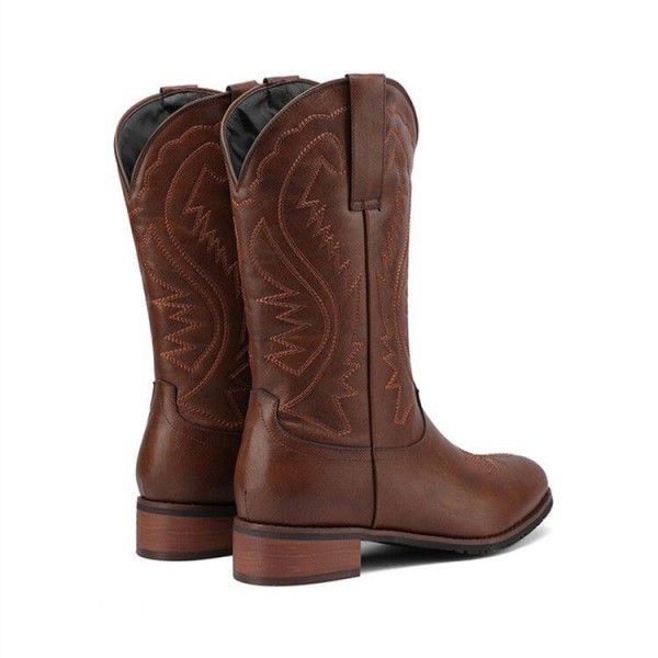 Martin boots square head V-neck embroidery Cowboy boot thick heel brown cavalry men's boots 