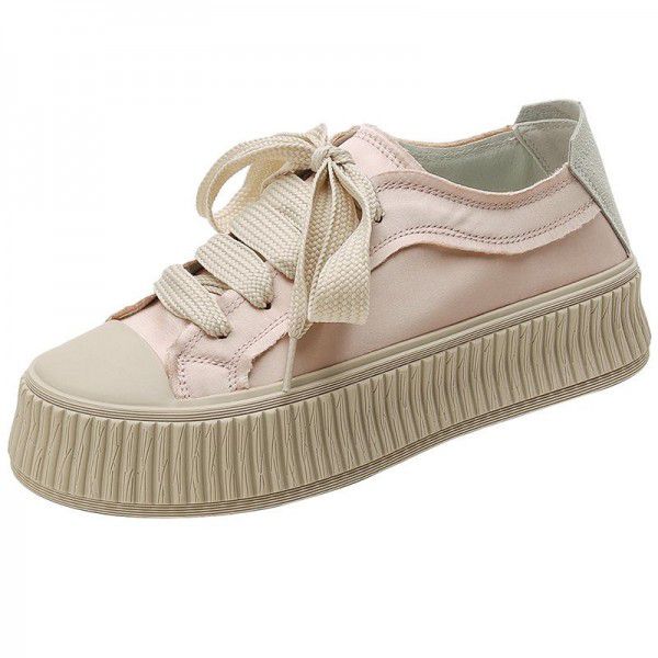 Little White Shoes Women's Thick Sole Casual Elevated Biscuit Shoes Lace up Canvas Single Shoes 