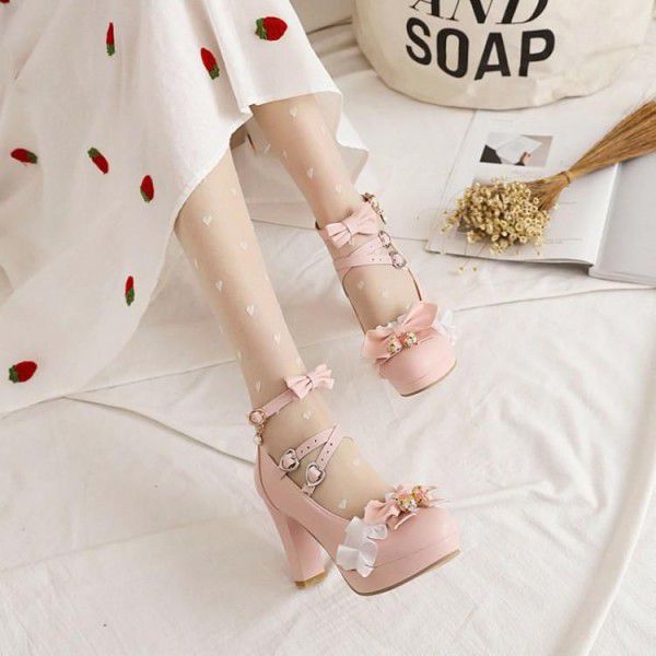 Japanese Sweet Little Fresh Lace Bow Original Single Shoe Thick Sole Mid Heel Buckle Princess Fairy Shoes 