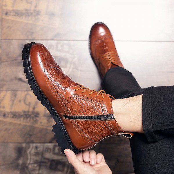 Men's high top leather shoes, British style warm mid top Martin boots, autumn shoes, new Korean casual trendy shoes 