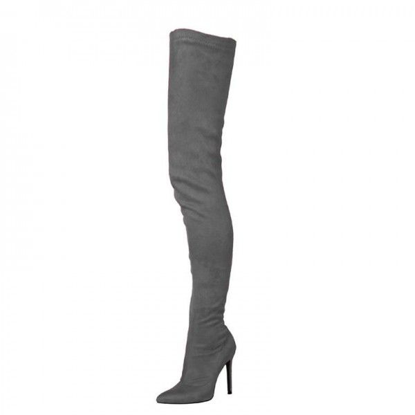 Lengthened slim leg boots, elastic suede pointed toe, sexy knee length boots for women 