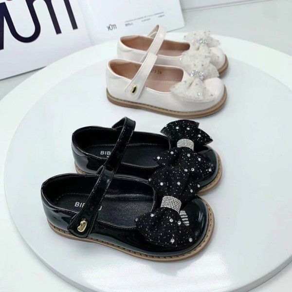Spring style girls' leather shoes lace bow princes...