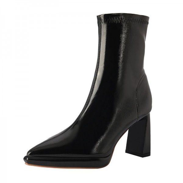 Mid length high heeled boots, children's new autumn and winter thick heel single lining patent leather French style short boots 