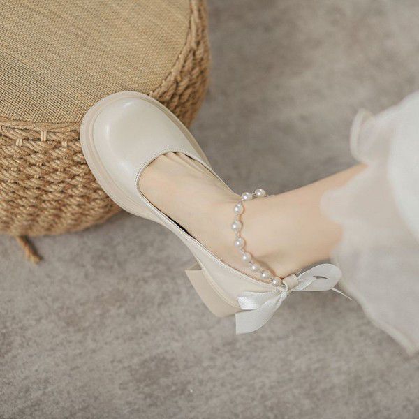 Early Spring New White Mary Jane Single Shoes, Feminine Style, Versatile Pearl Buckle, Thick Heels, Shallow Mouth, High Heels, Female 