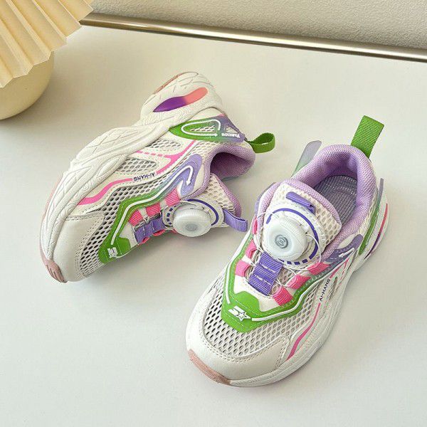 Children's sports shoes mesh breathable autumn style girls' dad shoes rotary buckle hollow out shoes boys' running shoes trend 