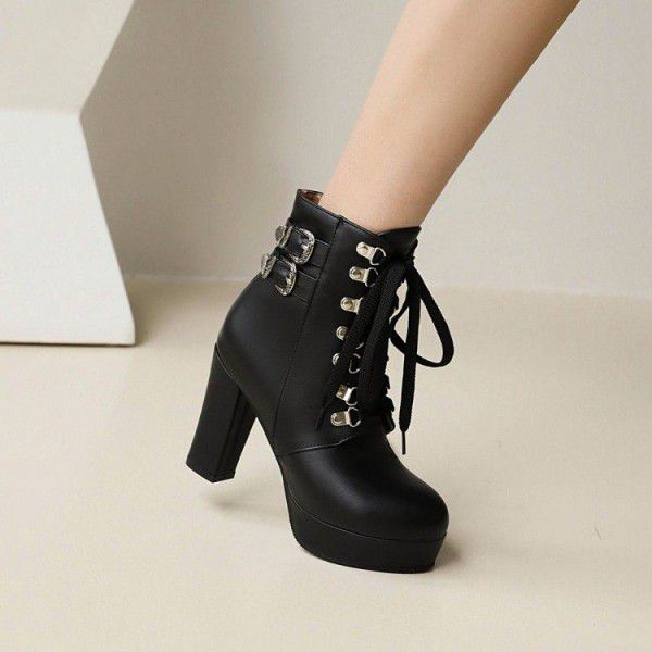 Autumn Thick High Heels Short Boots Women's Boot Rivet Belt Buckle Large 