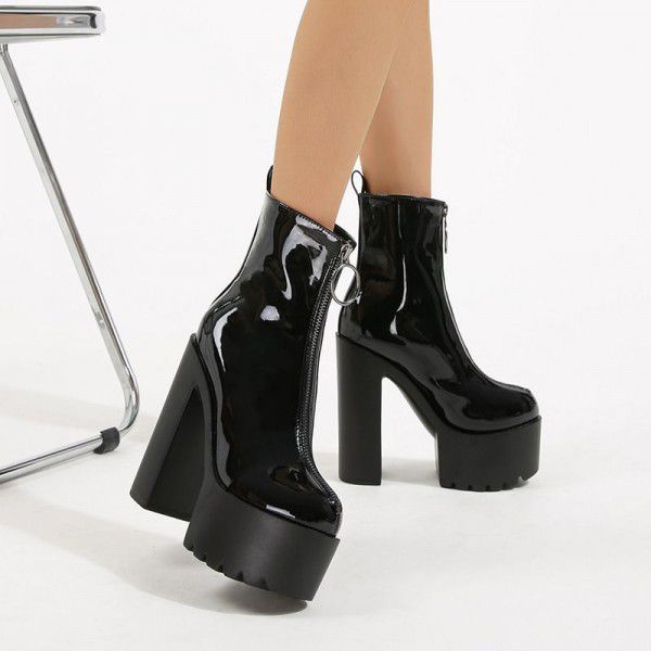 Lacquer leather super high heels women's autumn and winter short boots in large size 