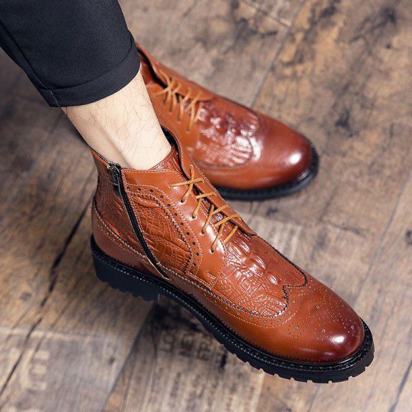 Men's high top leather shoes, British style warm m...