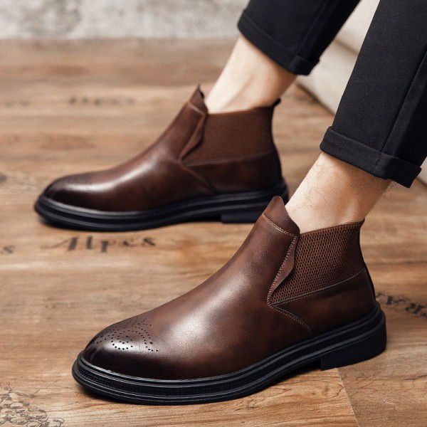 Leather boots men's shoes Spring and autumn new mid top leather shoes Chelsea boot foot covering men's short boots leather men's boots 