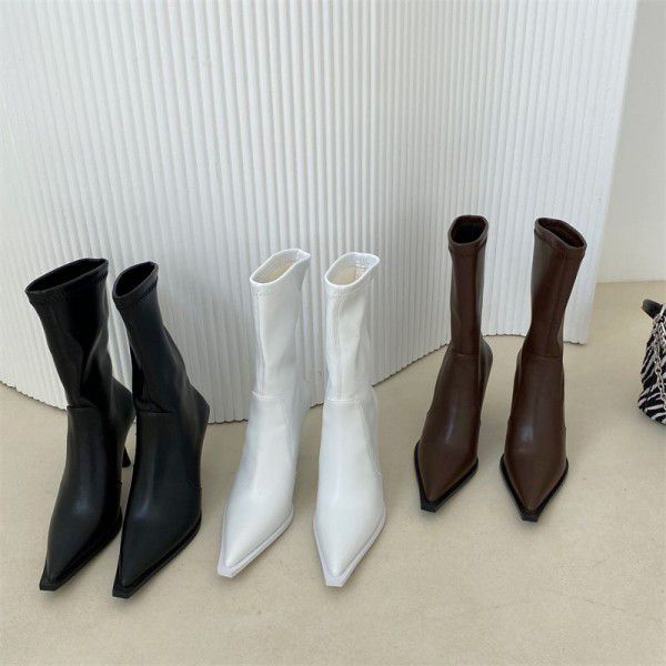 New High Heel Short Sleeve runway Boots Pointed toe Thin Heel Women's Shoes and Boots Elastic Soft Leather Fashion Boots for Women 