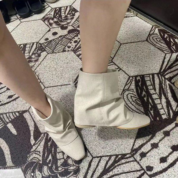 Rugged design linen short boots, autumn pile up boots, flat bottomed thick heels, round toe fashion boots 