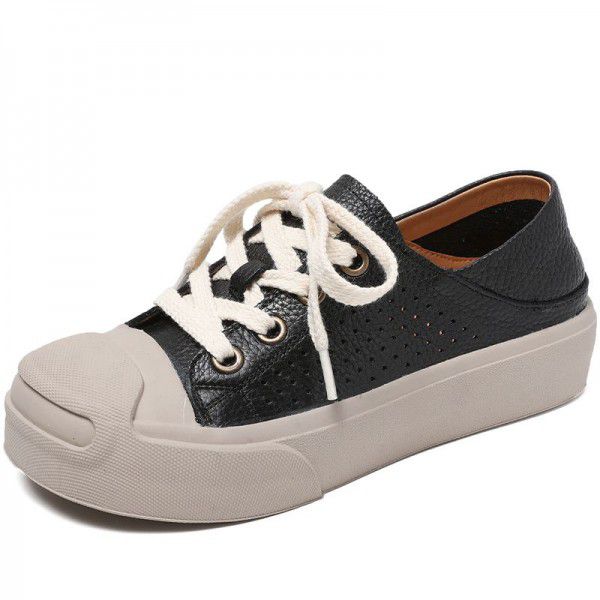 Thick soled casual board shoes for women's spring and summer new hollow hole shoes, genuine leather versatile single shoes, two pairs of lazy half slippers 