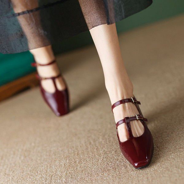 Vintage Mary Jane Shoes Women's Spring Genuine Leather High Heels, Wine Red Thick Heels, T-shaped Single Shoes, Small and Tall 