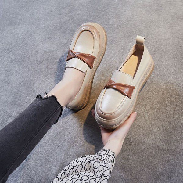 New spring cowhide casual single shoes women's soft soles color blocking thick soles Slip-on shoe women's leather retro mother's shoes 