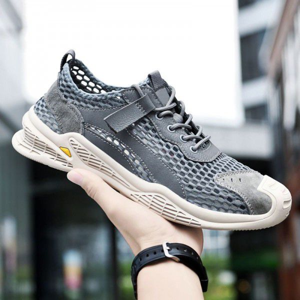Men's shoes, genuine leather, summer mesh shoes, perforated shoes, outdoor men's shoes 