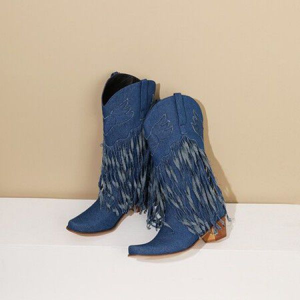 Vintage medium heel high boots Denim tassel boots women's boots 