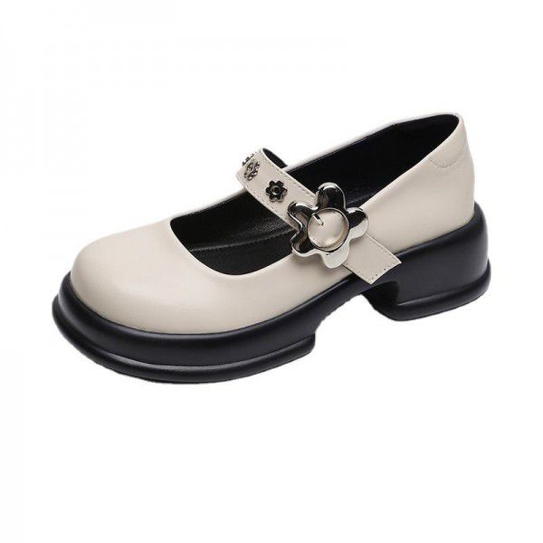 Mary Jane Shoes Women's New Round Toe Thick Sole French Vintage Single Shoe Academy One Line with Thick Heels Large Women's Shoes 