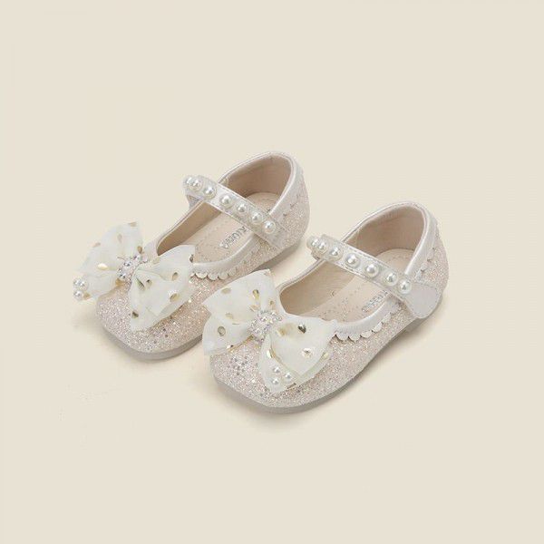 Girls' Korean version small leather shoes, children's single shoes, spring new girls' bow princess shoes, walking shoes 