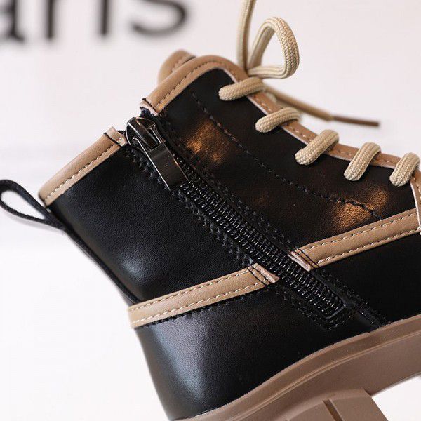 Children's niche contrasting Martin boots, girls' English style black small leather boots, autumn new children's boots, mid length boots 