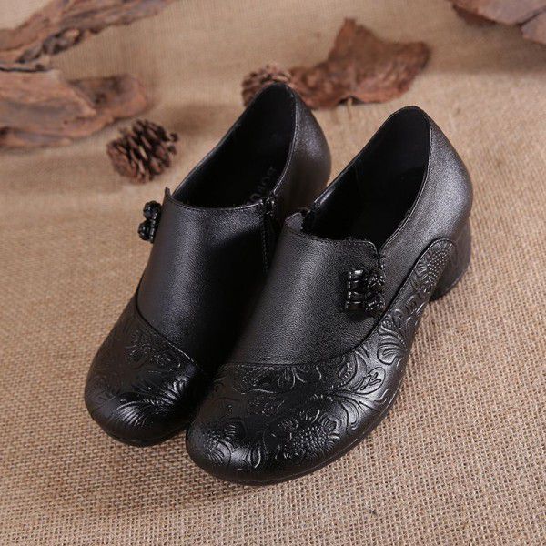 Spring and Autumn Retro Ethnic Style Single Shoes Thick Heel Middle and Old Age Single Shoes Deep Mouth Comfortable Middle Heel Versatile Anti slip Women's Shoes 