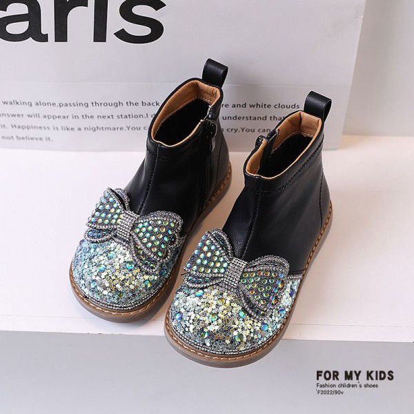 Girls' Martin Boots, Diamonds, Sequins, Bow Ties, Princess Leather Boots, Autumn and Winter New Children's Boots, Low Barrel Short Boots 