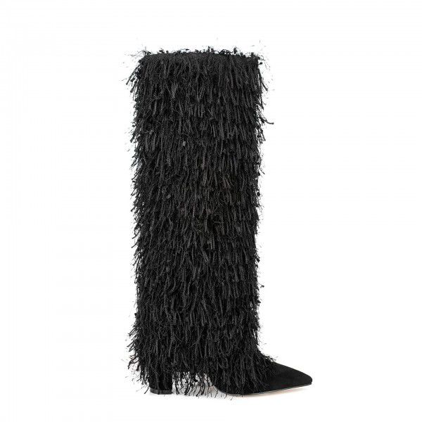 New Autumn and Winter Women's Fashion Tassel Sleeve Boots with Thickened Heels and Silver Tassel Boots Long Boots 