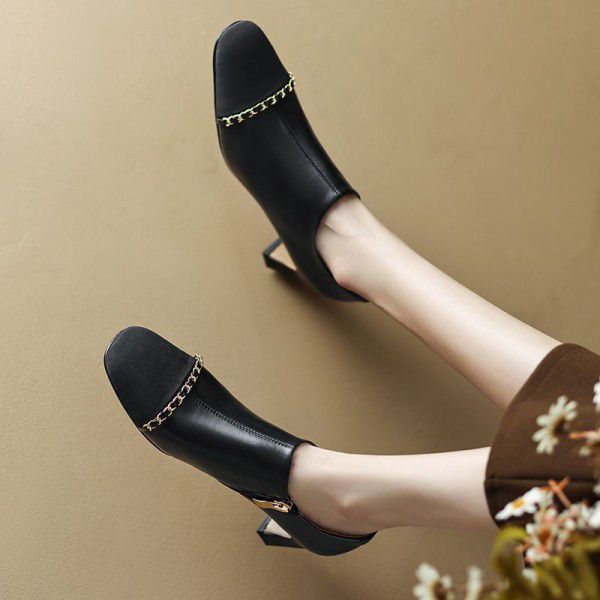 High Heels Women's Spring and Autumn New Thick Heels Retro Square Head Fairy Style Single Shoes Fashion Colored Leather Shoes 