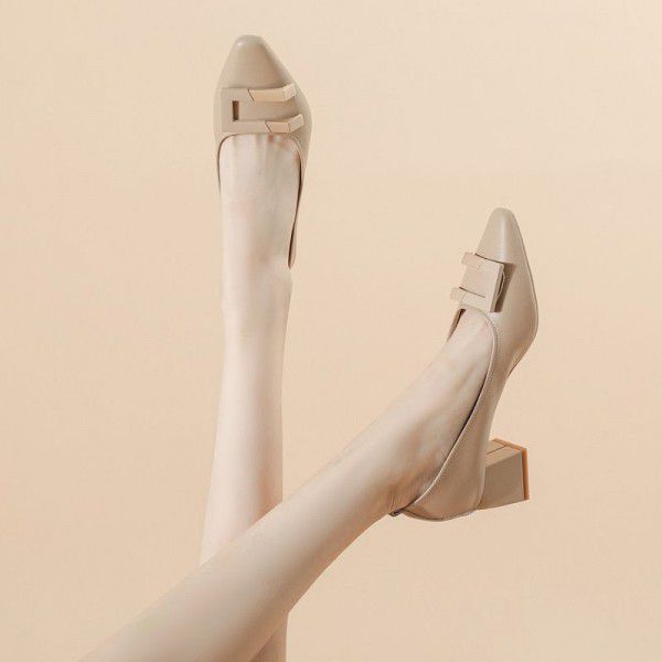 Genuine leather high heels, women's thick heels, s...