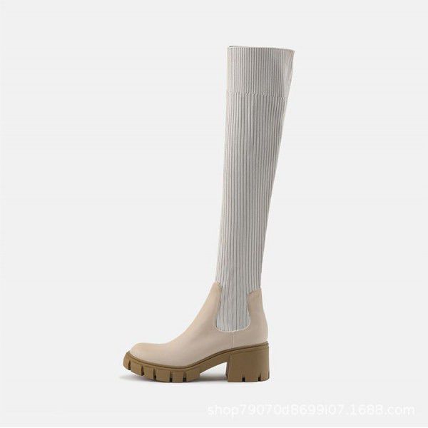 Martin Boots Women's English style thick heeled thick soled long boots with elastic cuffs over the knee that do not fall off the tube 