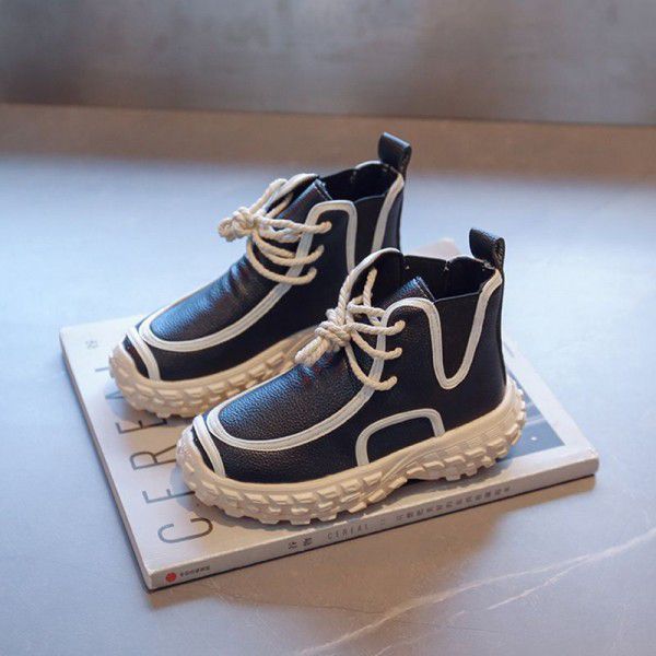 Children's Mid to Big Children's Leather Boots Spring New Girls' Short Boots Boys' Handsome Thick Sole Single Boot Trend 
