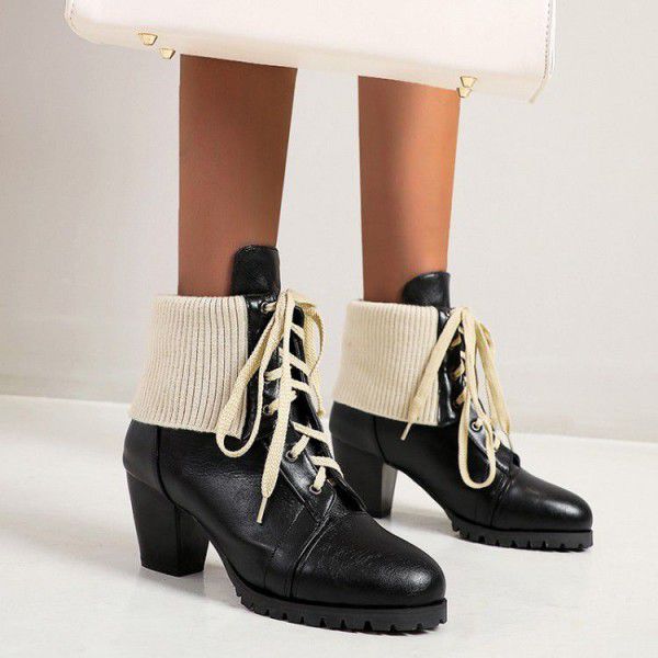 New Short Boots Women's Fashion Retro Wool Tube Lace up Thick Heel High Heel Martin Boots Women 
