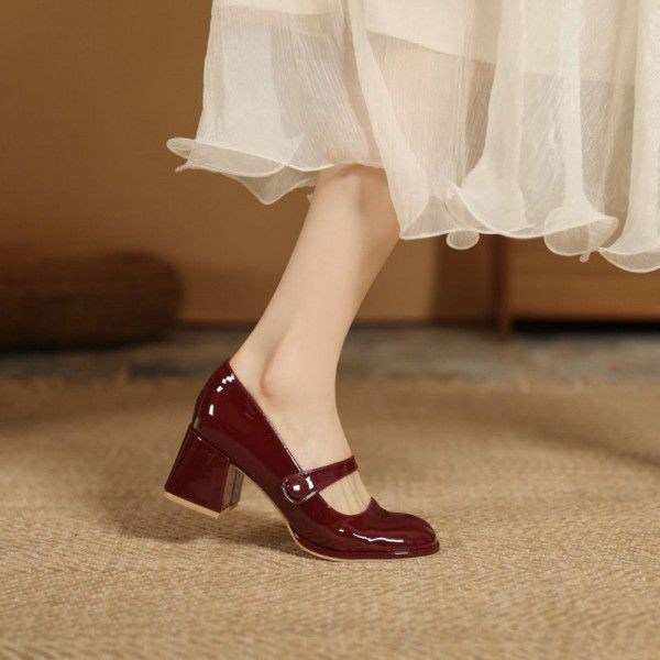Early Spring New French Round Toe Hepburn Small Leather Shoes Vintage Red Mary Jane Shoes Women's Lacquer Leather High Heels Thick Heels 
