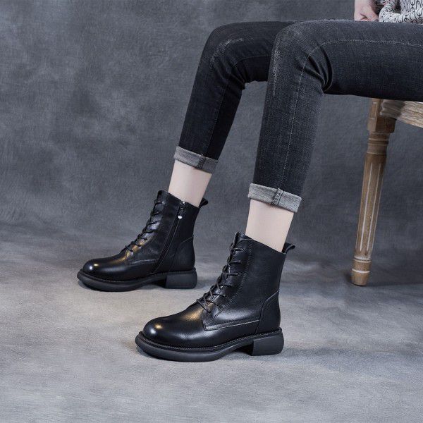 Autumn/Winter Vintage British Martin Boot Top Layer Cowhide Side Zipper Strap Women's Boot Slim Soft Short Boots 