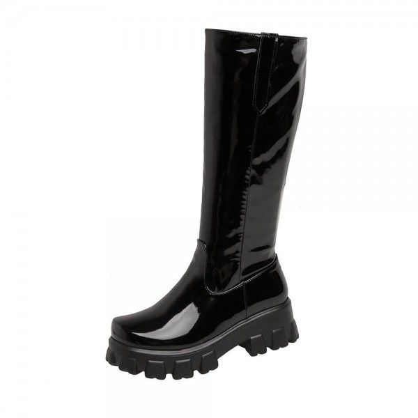 Mid length boots, thick sole, warm and shiny leather, fashionable women's boots 
