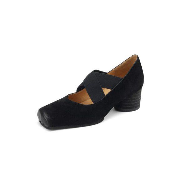 Spring and Autumn Korean Cross Elastic Band Ballet Shoes with Thick Heels, Square Head, Deep Mouth Women's Single Shoes, Cowhide, Vintage High Heels 
