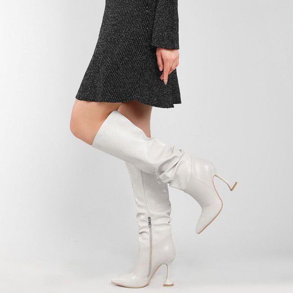 Autumn and Winter New European and American Style Pleated Long Boots High Heel Pointed Knight Boots Girl 