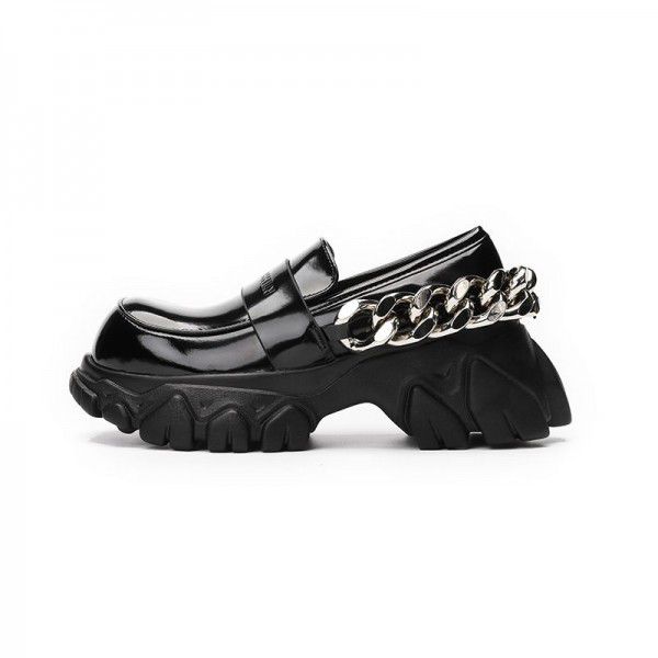 British style Slip-on shoe sponge cake patent leather women's single shoes metal big chain round head thick soled dragon tooth shoes jk 