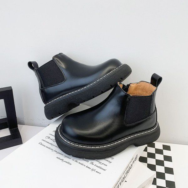 Top layer cowhide children's short boots autumn new girls British style thick sole single Martin boots men's boots trend 