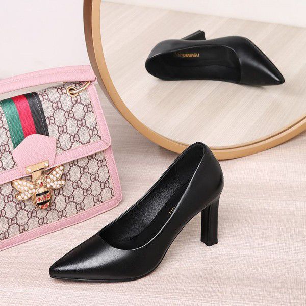 New thick heeled women's shoes, black shallow cut single shoes, high heeled women's pointed shoes 