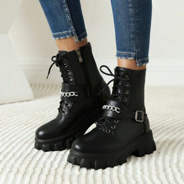British Martin Boots Zipper Front Lace up Matsutake Thick Bottom Short Boots Belt Buckle Women's Motorcycle Boots 