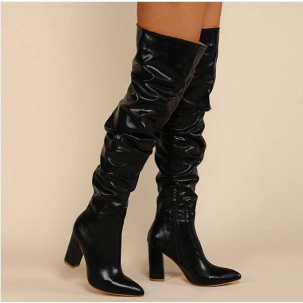 New women's shoes with long pleats, thick heels, high heels, pointed toes, and long boots for women 