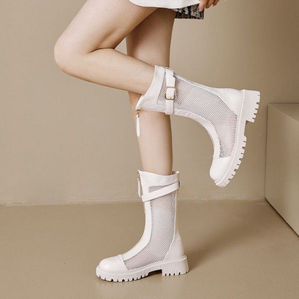 Boots Children Summer New Women's Shoes Hollow Breathable Mesh Boots Front Zipper Cool Boots Popular Mid Sleeve Martin Boots 