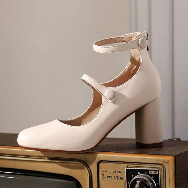 New Spring Beige Stripe High Heels Mary Jane Shoes Patent Leather Round Toe Thick Heels Wedding Shoes Girl 