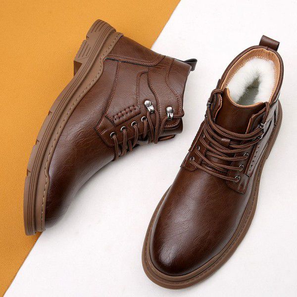Plush Martin boots, autumn and winter new men's shoes, round toe work boots, Korean version trend leather boots, retro men's short boots 