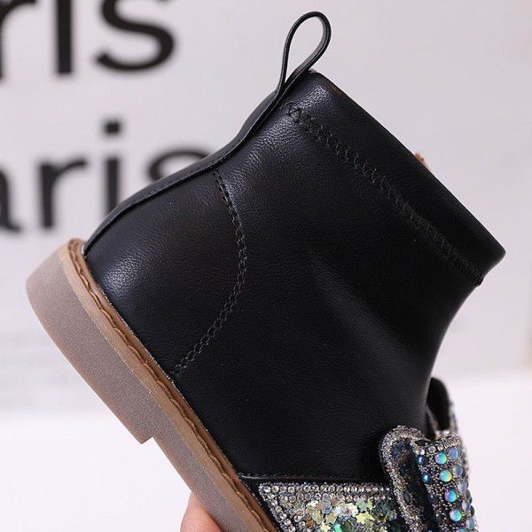 Girls' Martin Boots, Diamonds, Sequins, Bow Ties, Princess Leather Boots, Autumn and Winter New Children's Boots, Low Barrel Short Boots 