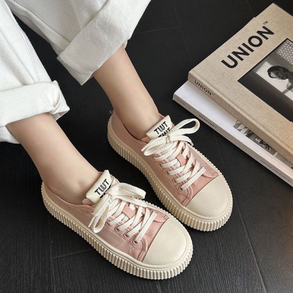 Thick sole lace up breathable board shoes, spring new versatile trend, Baotou, fashionable and casual single shoes 