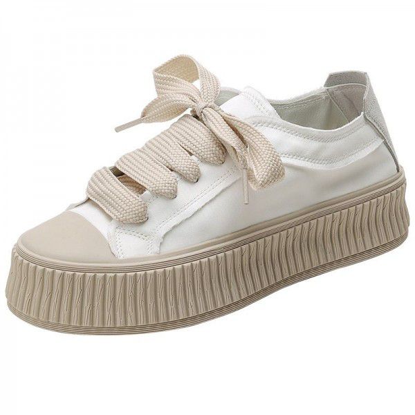 Little White Shoes Women's Thick Sole Casual Elevated Biscuit Shoes Lace up Canvas Single Shoes 