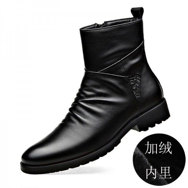 Autumn cowhide men's leather boots with anti slip zipper for warmth and youth fashion classics 